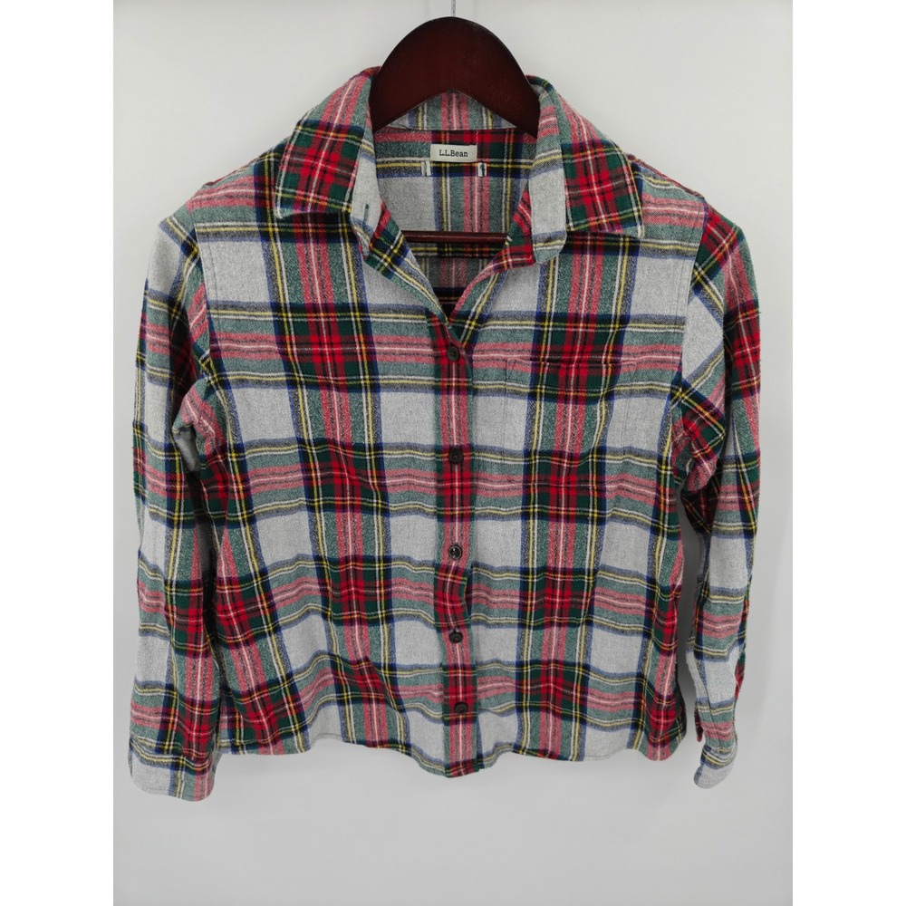 LL Bean Womens Medium Petite Grey Red Plaid Cotton Flannel Button Down Shirt